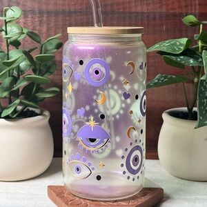 Evil Eye Iridescent Purple Glass Tumbler with Pink Straw